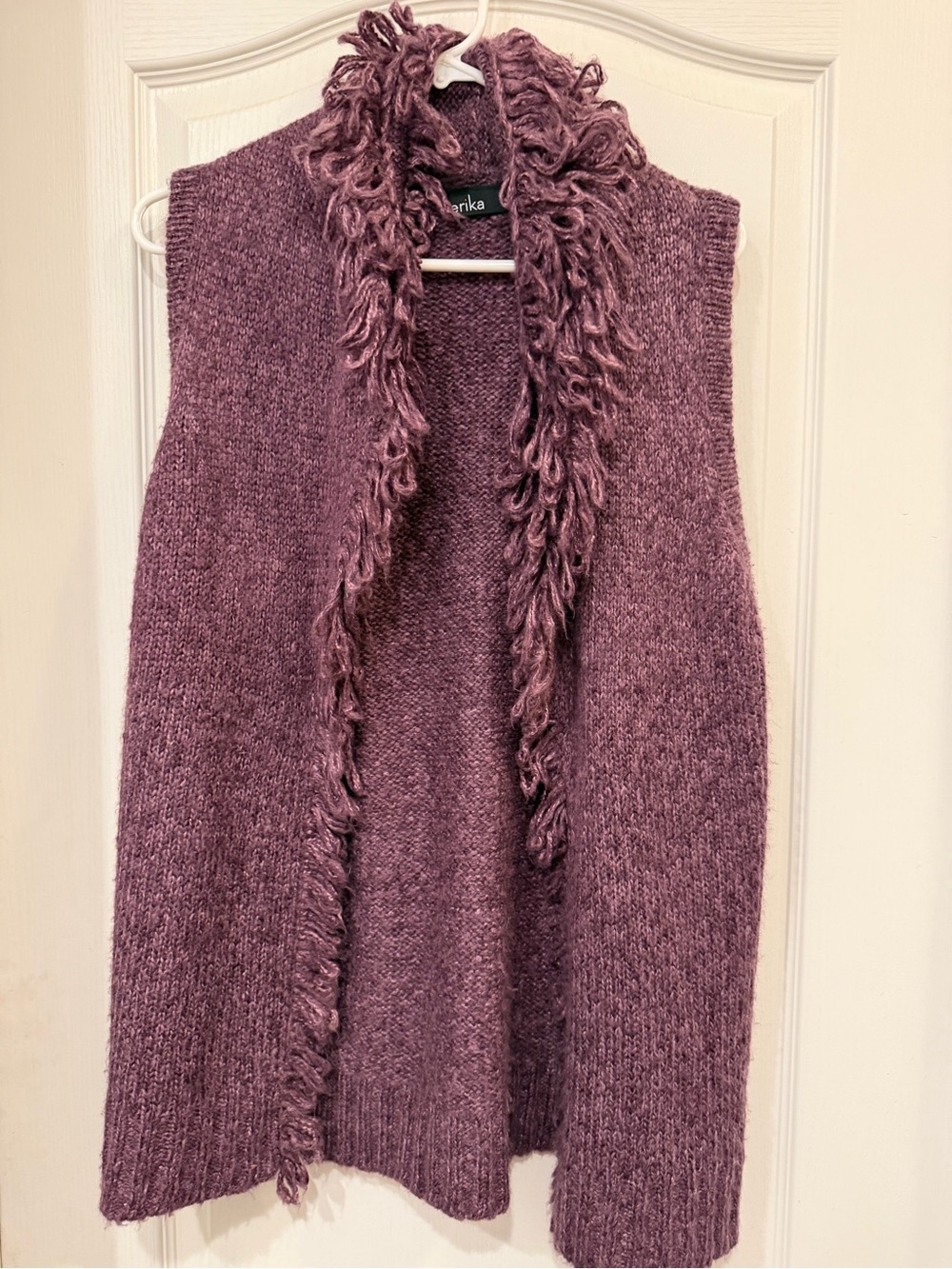 Erika Large Plum Purple Shag Fringe Open Front Sweater Vest Boho Y2K